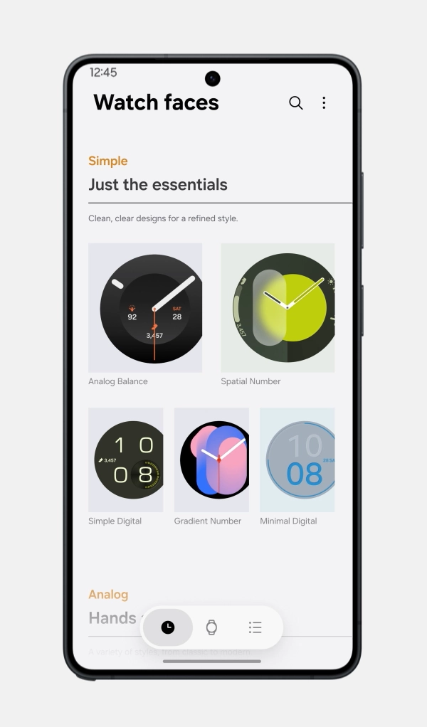 A smartphone browses several watch-face designs, then selects the clock style and colors for the Radial Dashboard watch face before saving.